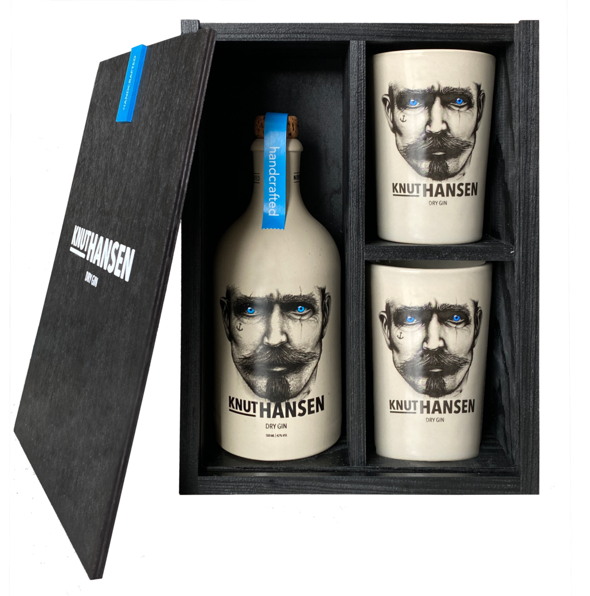 Knut Hansen - Holz Geschenkbox, Knut Hansen Dry Gin + 2 Keramikbecher